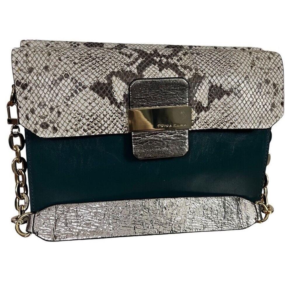 Trina Turk Womens Leather Handbag Teal Snakeskin Purse Flap Pocket Silver Gold